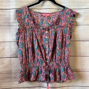 NWOT Simply Southern Smocked Pink Blouse in Seahorse Coral Print, small cotton
